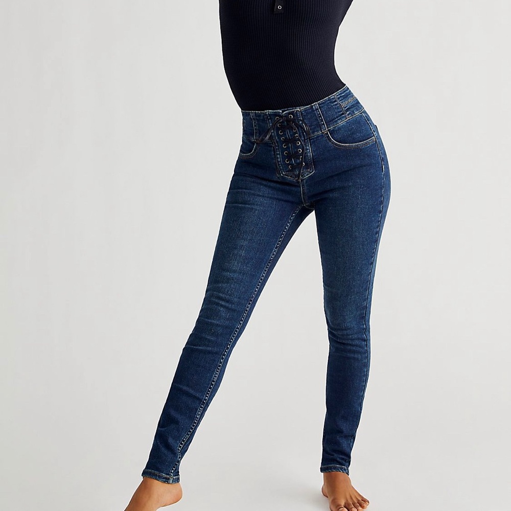 Free People CRVY High Rise Lace Up Skinny Jeans
